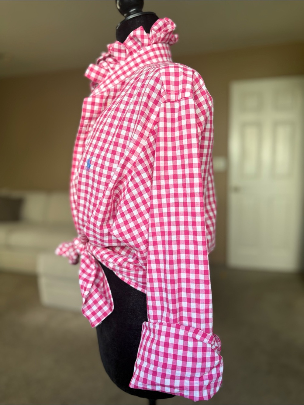Upcycled Ralph Lauren Pink Gingham Ruffle Collar Cotton Button Down